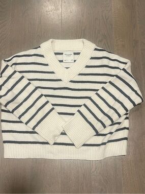 Abercrombie & Fitch White and Navy Striped V-Neck Sweater